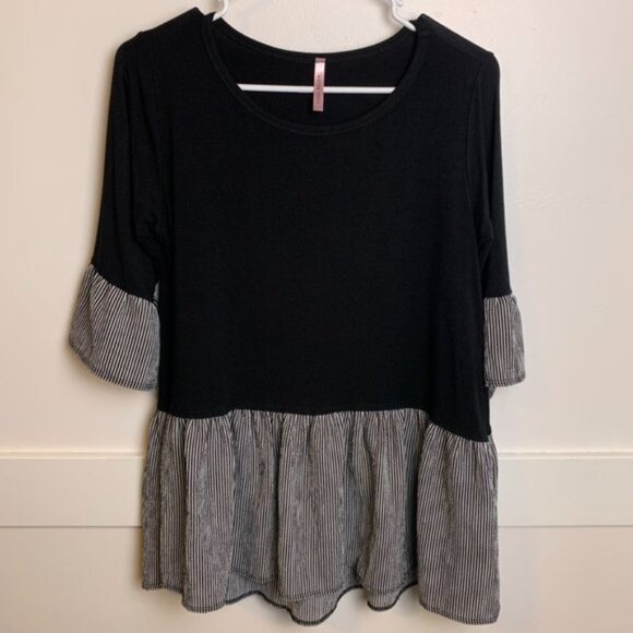 Cool Melon Tops - Cool Melon Black Striped Ruffle Half Sleeve Shirt